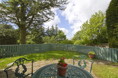 Sheltered patio garden with views to the Ochil Hills