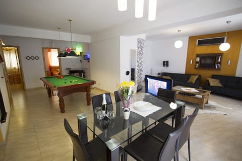 Open Plan Layout with Dining Area, Snooker Table, Entrance to Spare and Main Bed