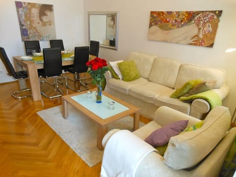Spacious living room where the sofa can be turned into a double bed if needed