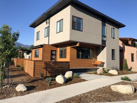 Front view of house  - deck with porch swing