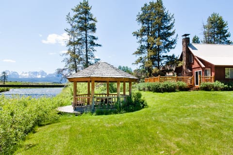 Gazebo on the edge of the Salmon River with views of the Sawtooth Mountains 