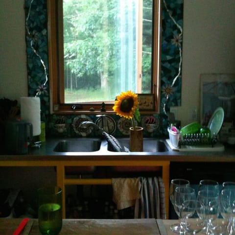 close-up of kitchen sink overlooking Oak tree with rope swing.