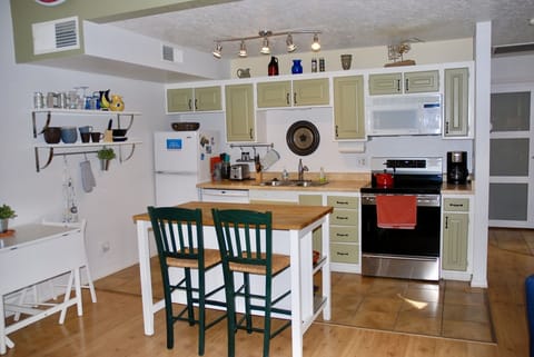 The kitchen is fully stocked for cooking and comfort. 