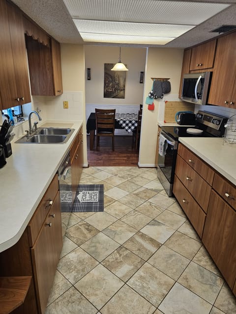 Kitchen facing dining area, view from main master bedroom with Jacuzzi