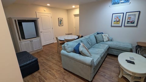 Second living area with TV and beverage fridge