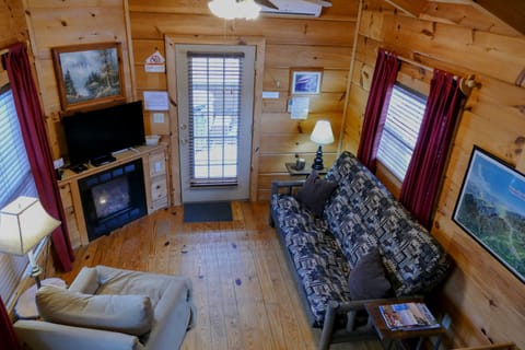 Interior of Off The Map cabin - view from the sleeping loft (2022)