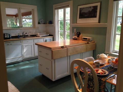 East-facing kitchen with lots of light and space, well equipped for lovely meals