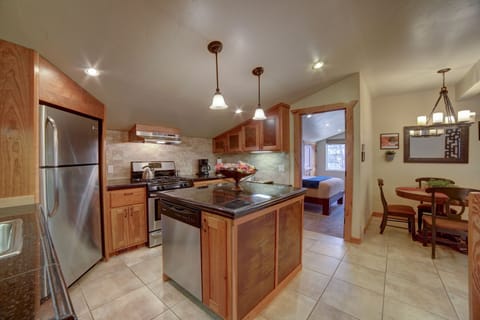 A full size kitchen that is easy to cook in or bring home food to.