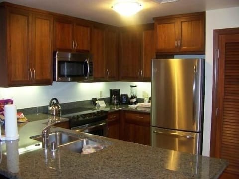 Stainless steel/granite kitchen, modern, well-equipped, full-size washer & dryer