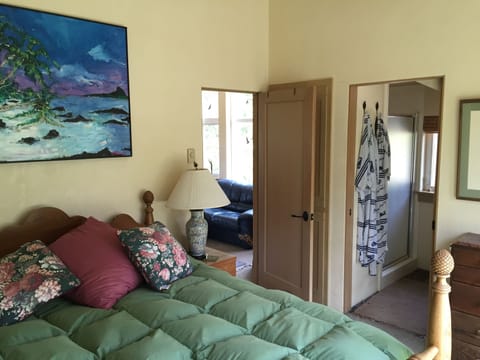 Comfy queen bed & bathroom entrance