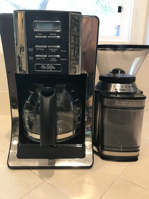 Drip coffee maker, (filters provided), coffee bean grinder , stove top moka pot