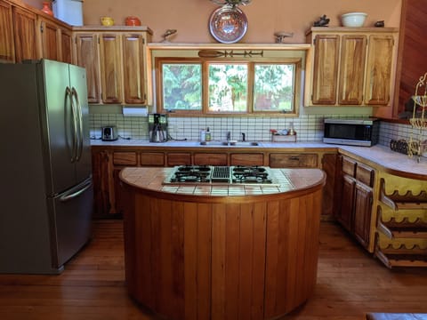 Kitchen island with range, full size fridge 