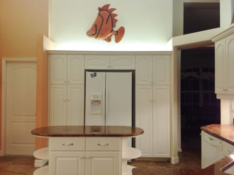 Beautiful counter tops, and plenty of storage, some pantry items included