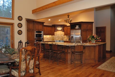 Newly remodeled fully-equipped kitchen adjoining living and dining area.