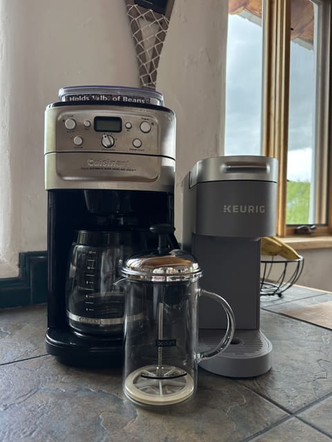 3 coffee makers: Cuisinart 12 cup. Single cup Keurig (hot/cold),  french press