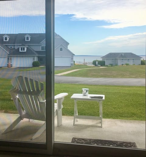 View from my patio out onto the Straits of Mackinac and the community pool