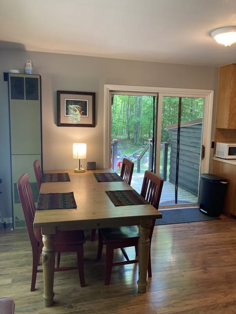 Dining table with seating for four. 