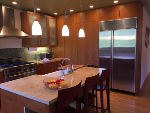 Kitchen with a wolf stove, sub-zero refrigerator and Bosch dishwasher