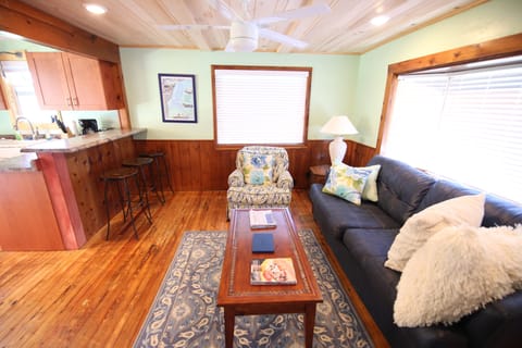 Living room with kitchen bar and queen, pull out, leather sofa