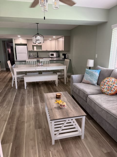 Living room seating, dining room, kitchen