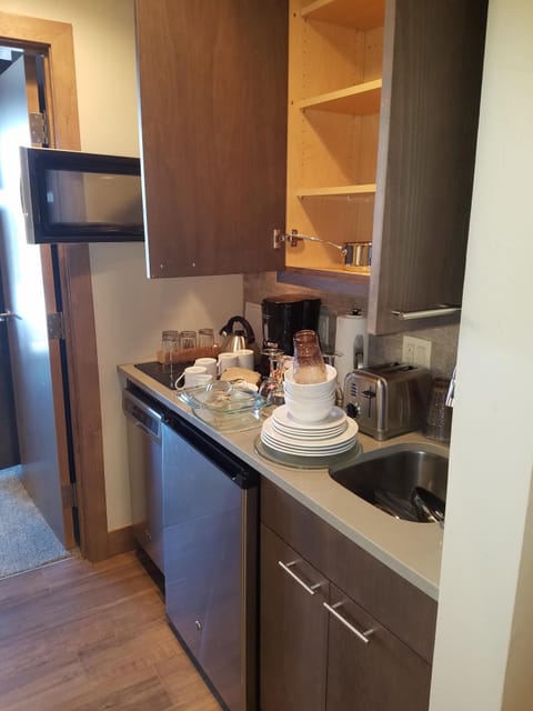 Kitchenette with mini fridge, dishwasher, and stovetop.