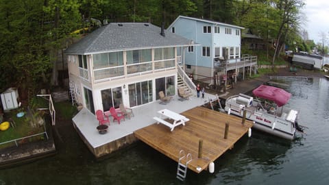 An overhead view of Keuka Villa and Large Marge the Party Barge!

