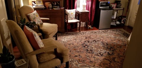 Sitting Area View with Small Fridge, Microwave & Coffee Setup from 1st Bedroom