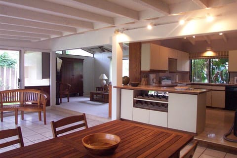 Kitchen and living room viewed from dining area.