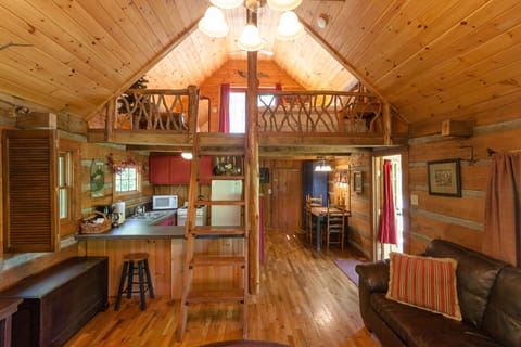 Mountain Laurel on loft banister, knotted pine ceilings