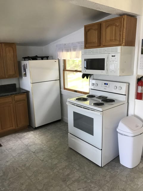 Electric stove, overhead microwave, full-size refrigerator