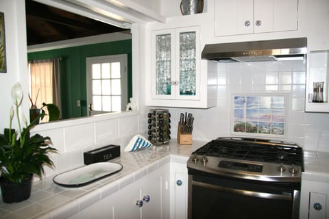 Immaculate fully stocked kitchen w/ window looking into living room