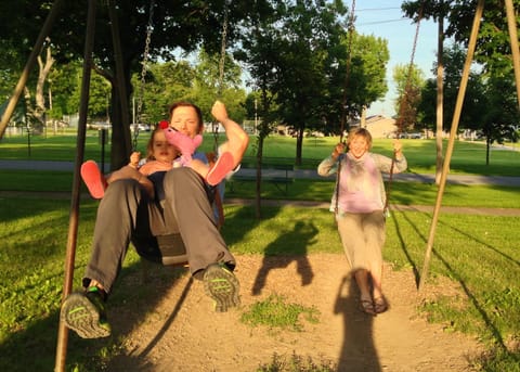 swinging down at the Children's Park,  a block away from the cottage