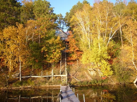 View from the end of the dock.  The retreat cabin is on the lower level.