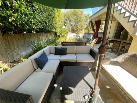 Sitting area around the stone fireplace.
