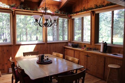 Well-lit dining room.