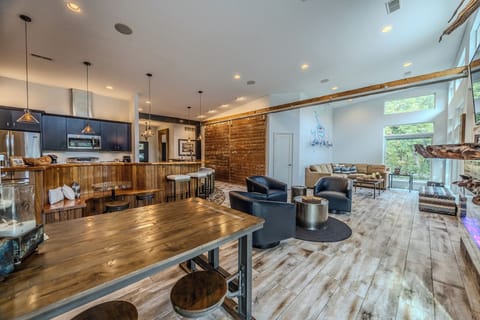 Open living area with rustic charm, perfect for relaxing and entertaining.