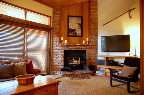 living room with cathedral loft ceilings
