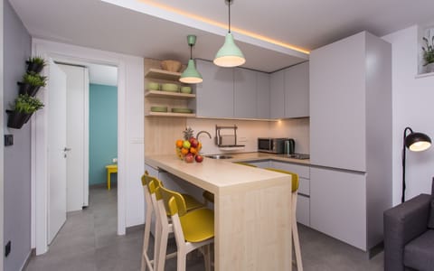 Kitchen and living room are one open space. Kitchen is fully equipped.