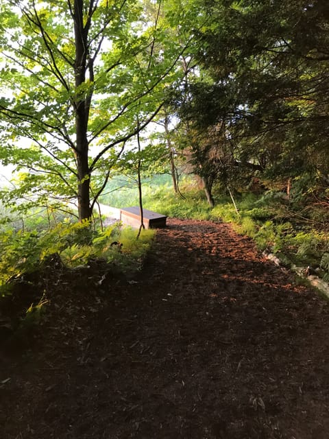 Path at bottom by deck box and short boardwalk across dune grass