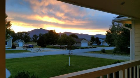 View from the front porch at sunset over the Bitterroot Mountains