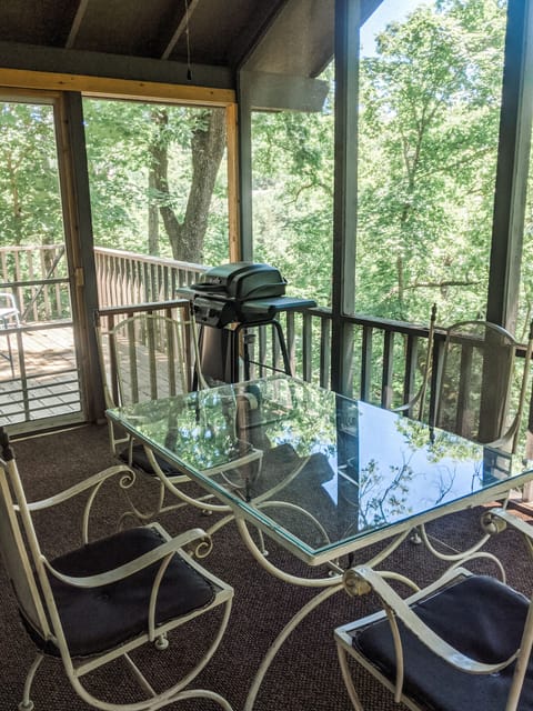 outdoor screened in porch with gas grill and dining area.  