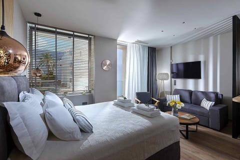 open bed- livingroom area with balcony and gardenview
