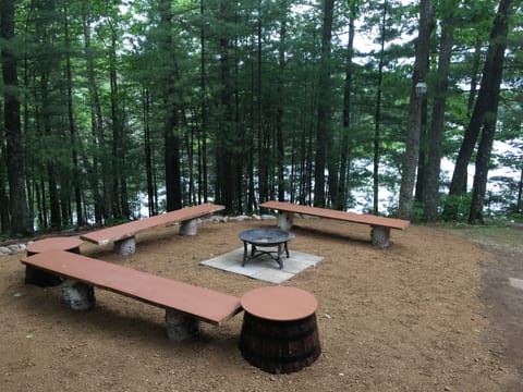 Campfire area overlooking lake.