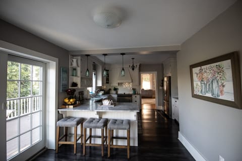 View of kitchen from the table.