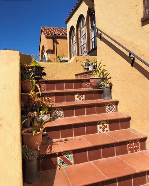 Approximately 20 stairs leading to front door entrance. Terracotta tiles.