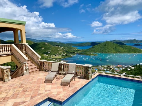 Pool deck with view of Coral Bay and the BVI's