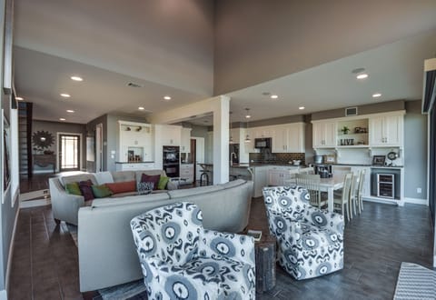 Beautiful kitchen with a wine fridge and separate beer fridge.