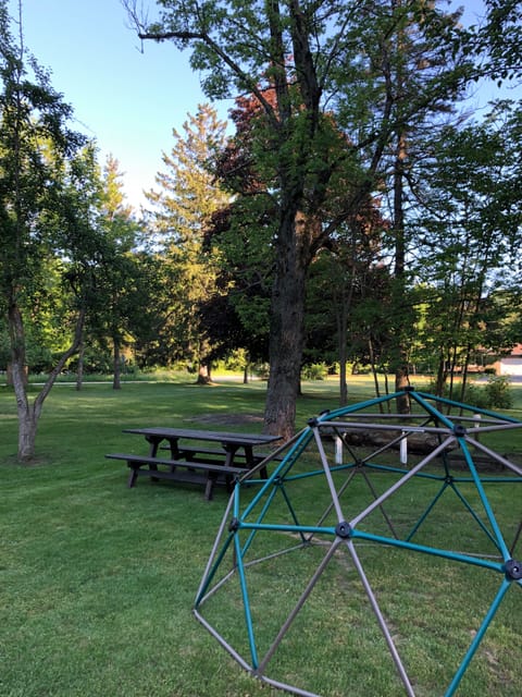 The backyard includes a climbing gym and big picnic table for outdoor fun. 