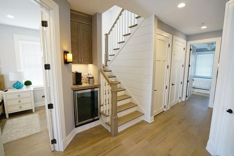 Sleeping level coffee bar and fridge