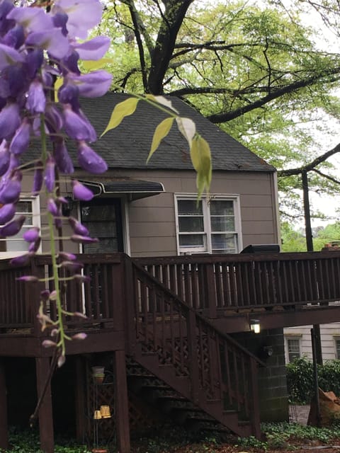 Large deck, quiet location in back of large residential lot. Lots of privacy.